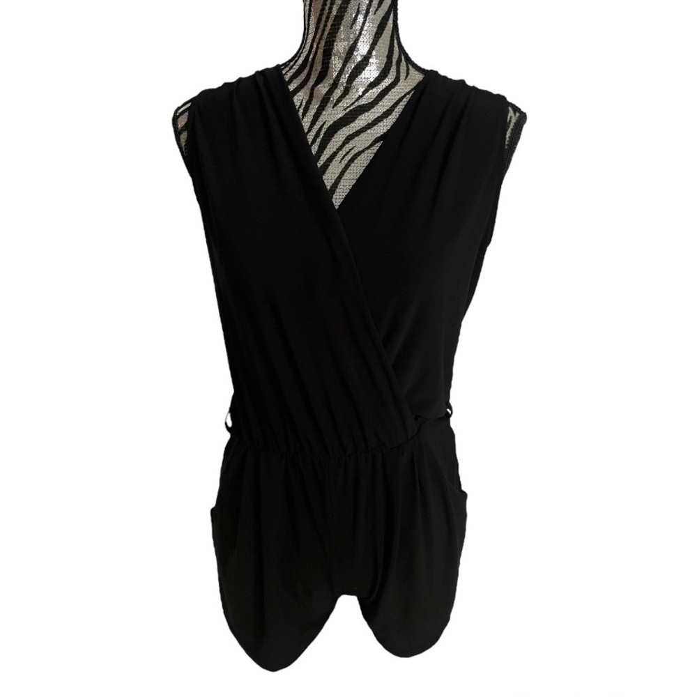 Black V Neck  Romper with Belt Loops and Pockets